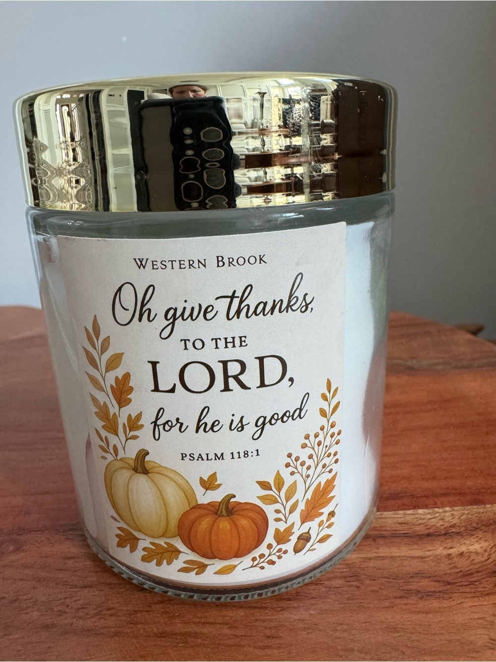 White & Gold 'Oh Give Thanks' Decorative Candle